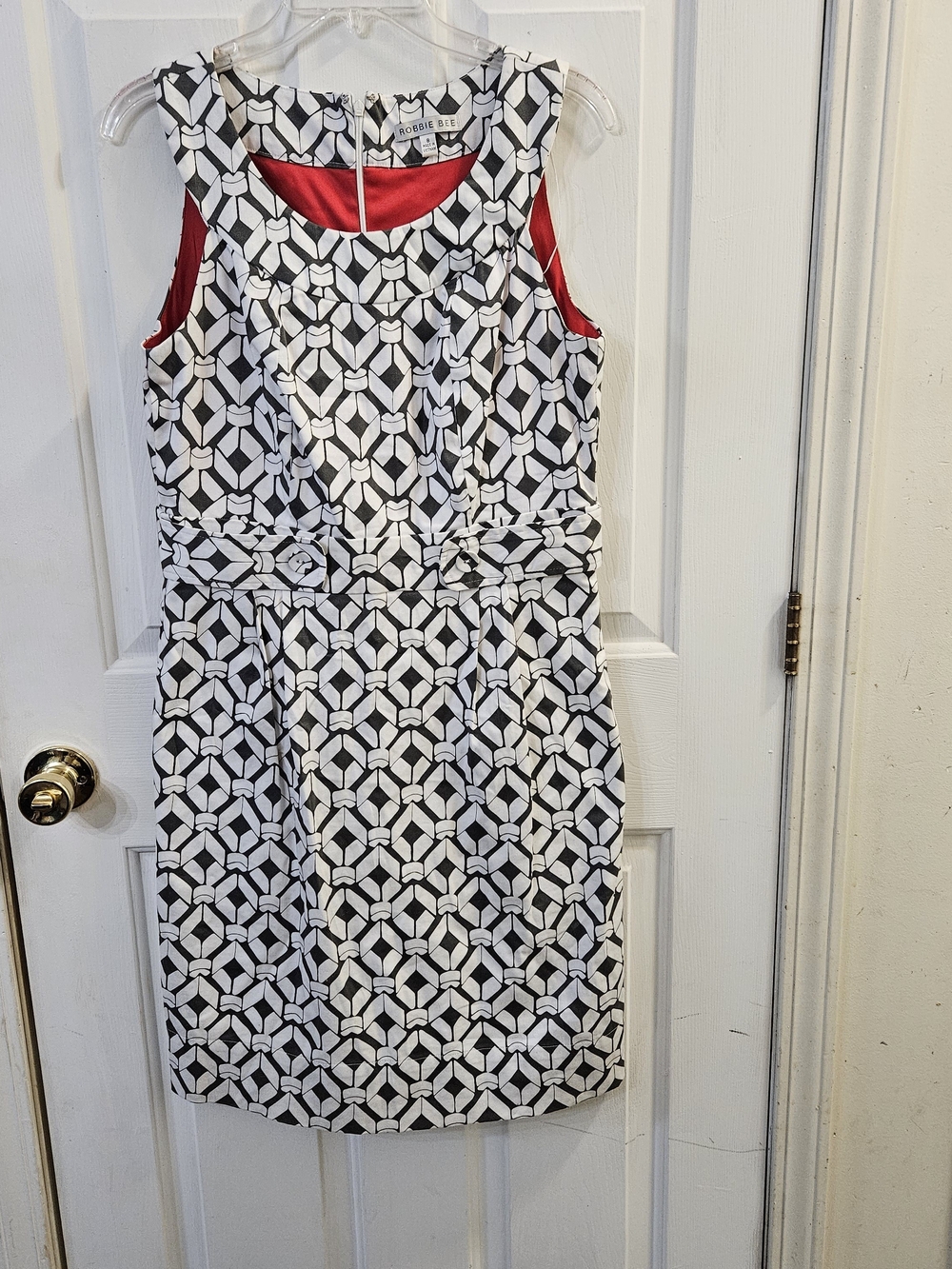 Robbie Bee Black & White Geometric Sheath Dress with Red Accents